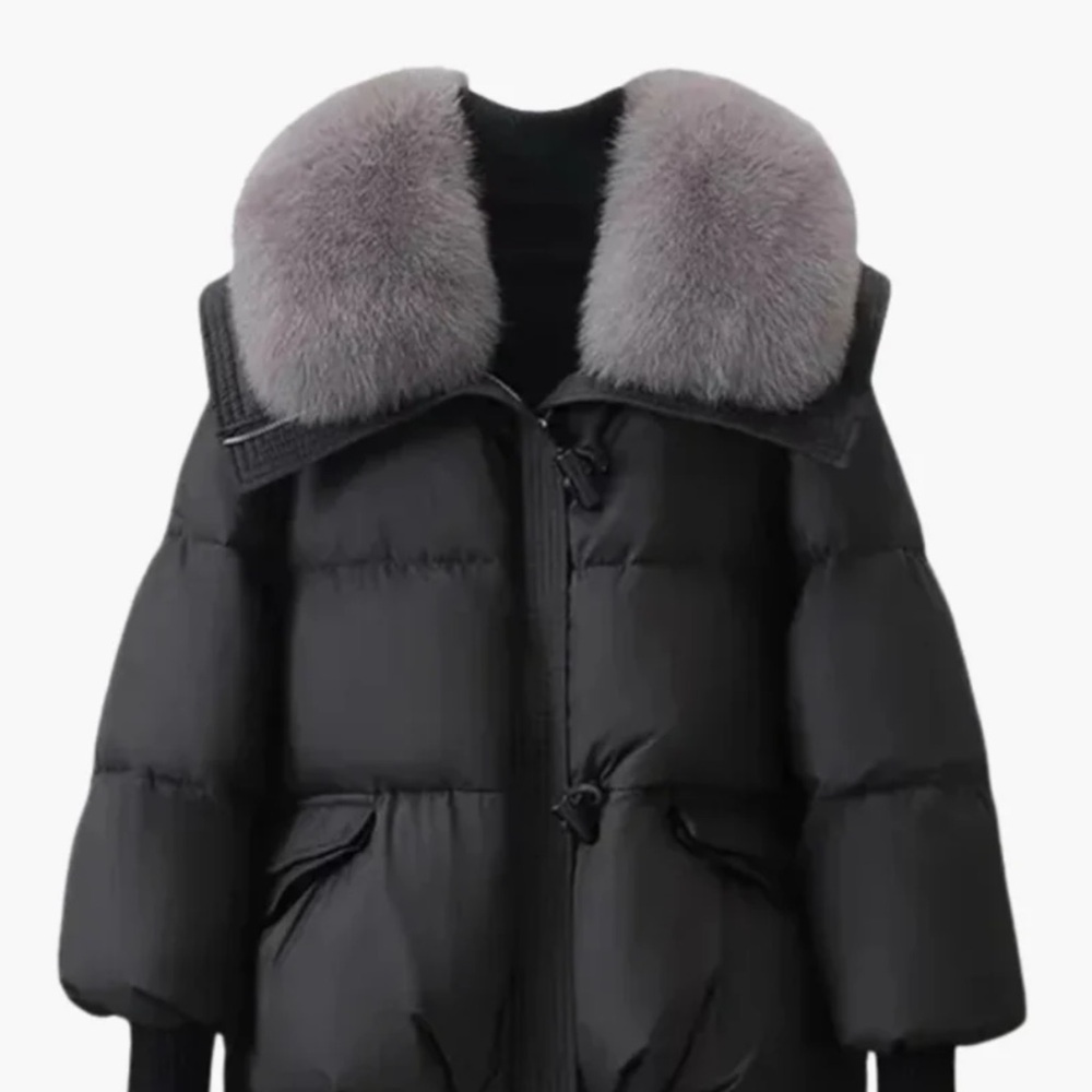 Women’s Black Puffer Coat with Gray Faux Fur Collar